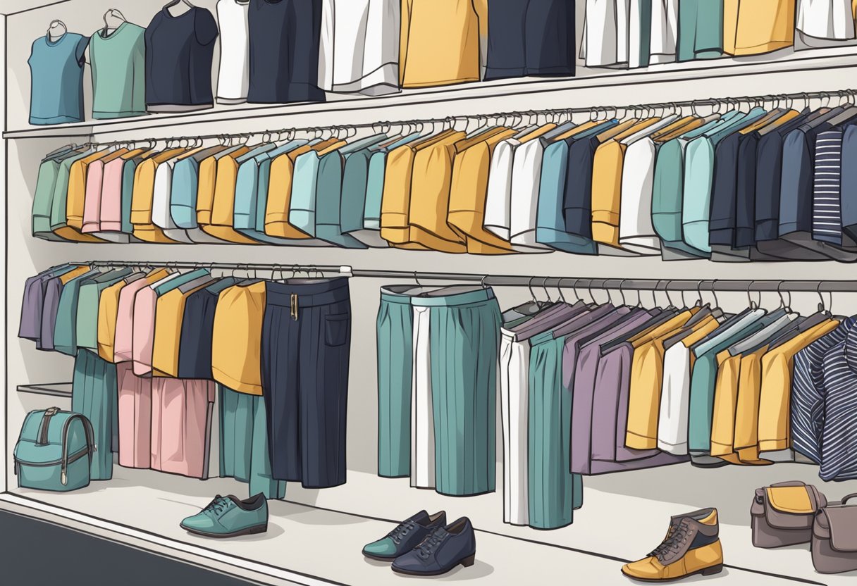 A display of various women's shorts in different styles and colors, arranged neatly on hangers or shelves, with coordinating tops and accessories nearby