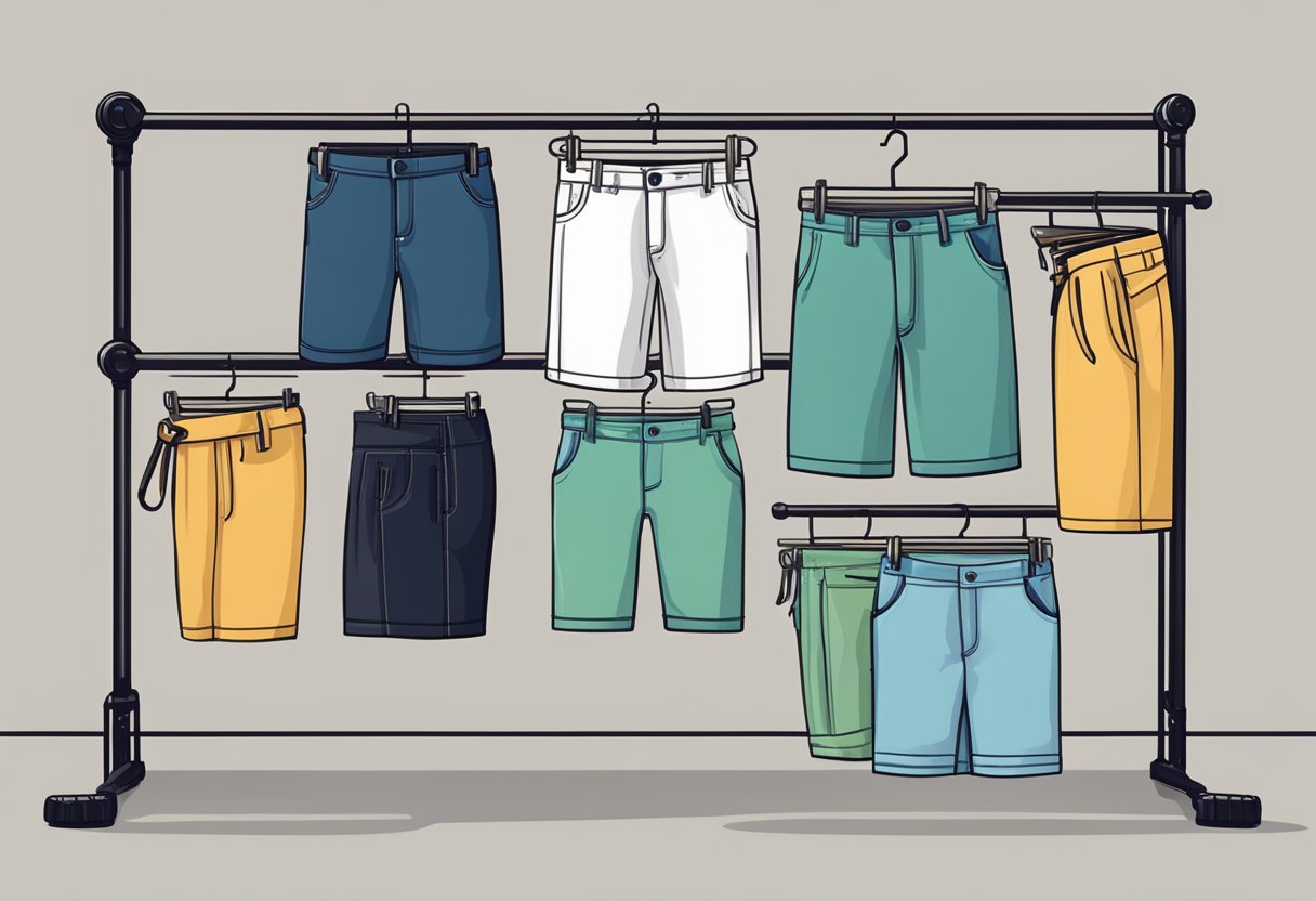 A variety of shorts in different styles and lengths displayed on a clothing rack, with a sign "Selecting the Right Shorts for Your Body Type" above