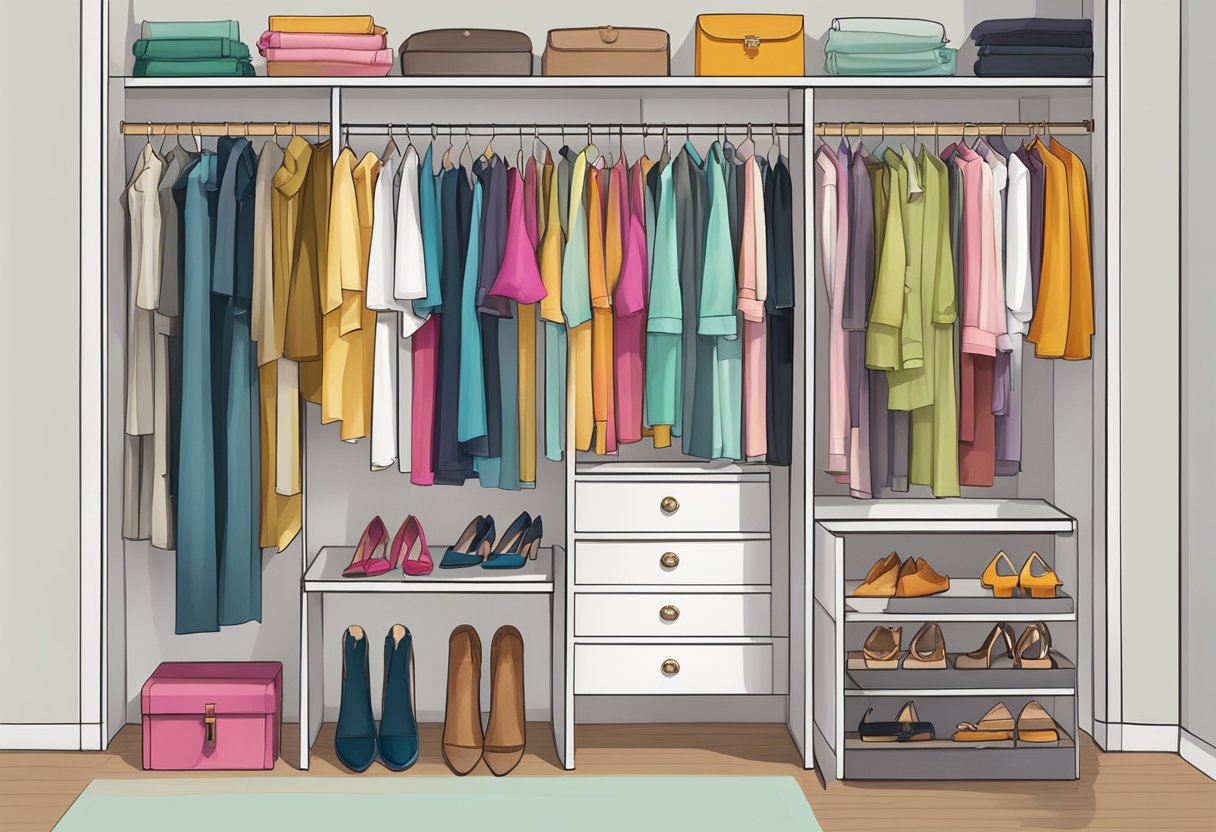 A well-organized closet with neatly folded shorts, paired with coordinating tops and accessories. Colorful scarves, statement jewelry, and stylish shoes add flair to the outfits