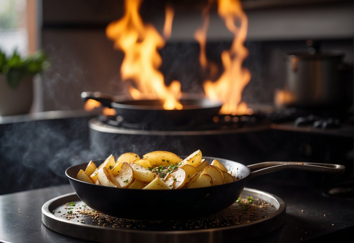 A wok sizzles with hot oil as thinly sliced potatoes are fried to a golden crisp. A sprinkle of salt and Sichuan peppercorns adds a burst of flavor