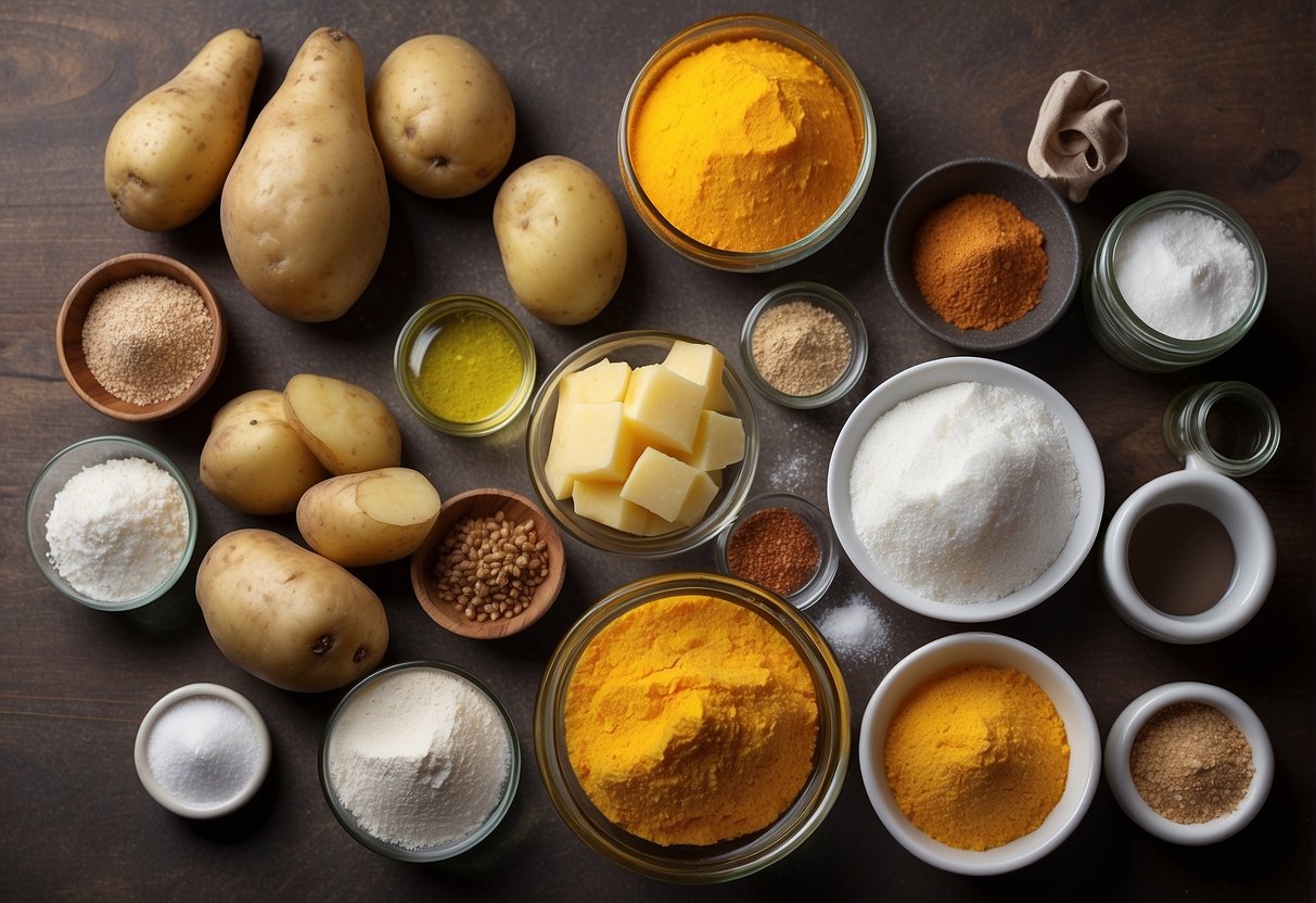 A table with ingredients: potatoes, cornstarch, salt, pepper, and oil. Substitutions: sweet potatoes, arrowroot powder, and chili flakes