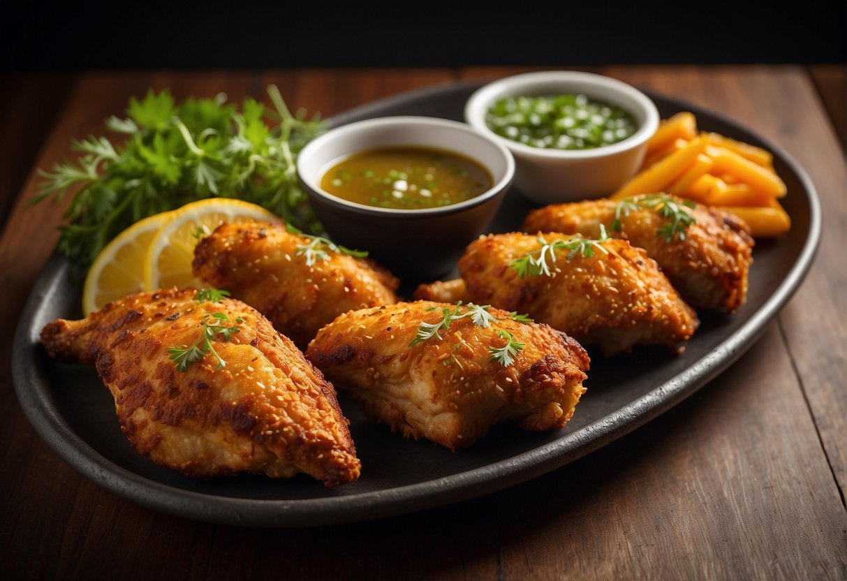 A platter of golden crispy skin chicken, garnished with fresh herbs and served with dipping sauce