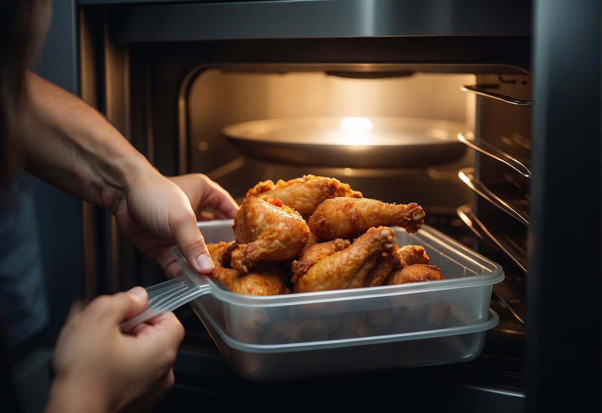 A hand placing crispy chicken in airtight container. Another hand reheating chicken in microwave