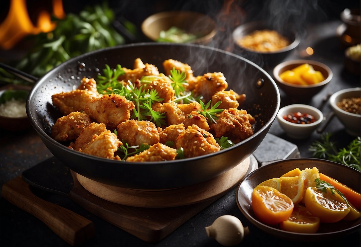 A sizzling wok with golden, crispy chicken pieces, surrounded by aromatic herbs and spices
