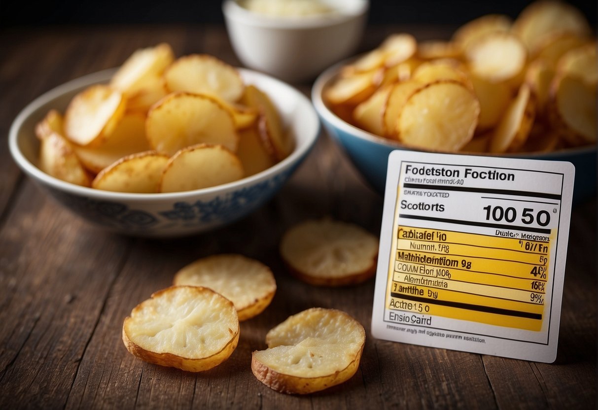 A bowl of crispy potato slices with nutritional information label next to it. Ingredients and calories are clearly displayed