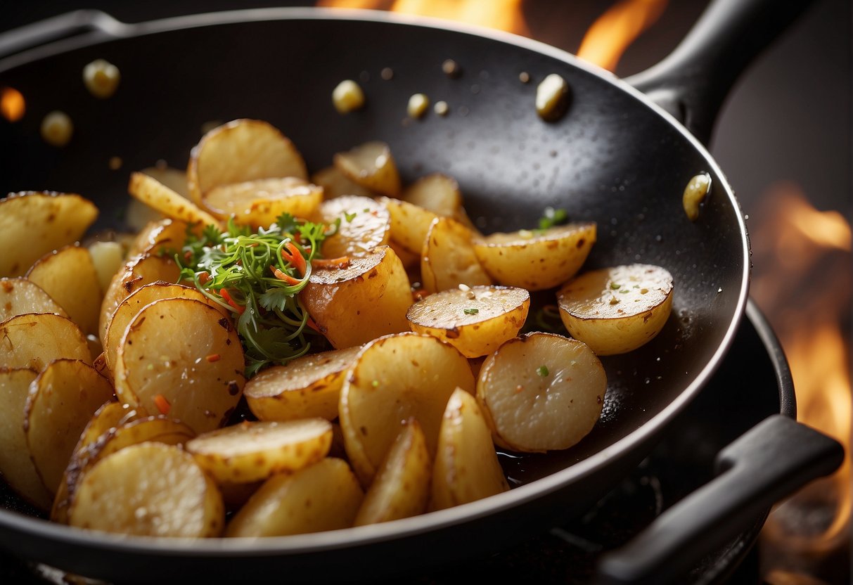 A wok sizzles with thin potato slices frying in hot oil, emitting a savory aroma. A bowl of seasoning sits nearby, ready to be sprinkled over the golden, crispy potatoes