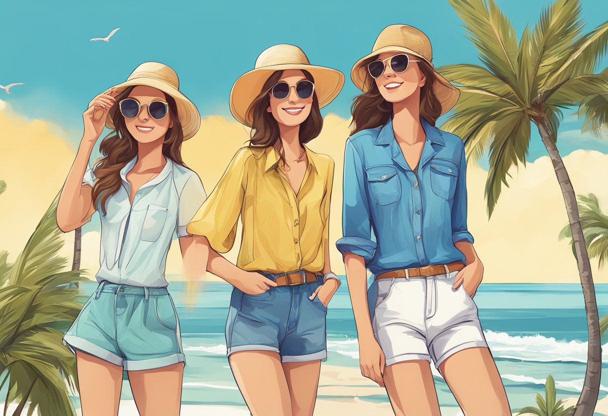 A sunny beach with palm trees and a clear blue sky, showcasing different styles of women's shorts for each season
