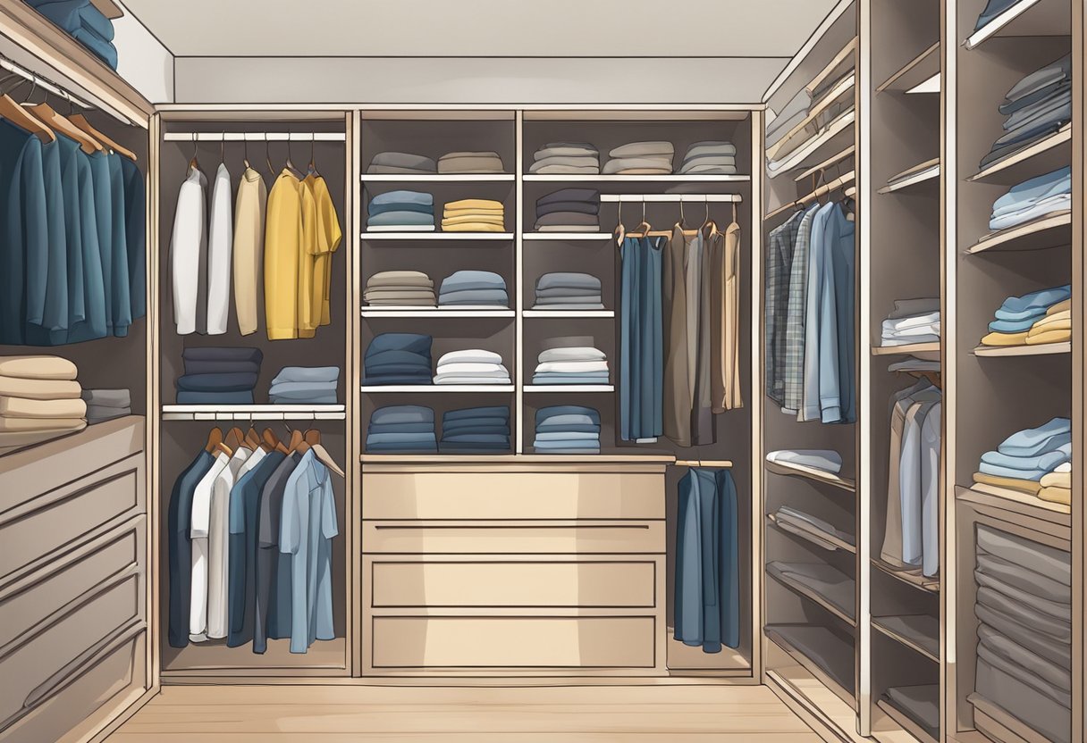 A closet with shelves of neatly folded shorts in various styles and colors. A window shows changing seasons outside