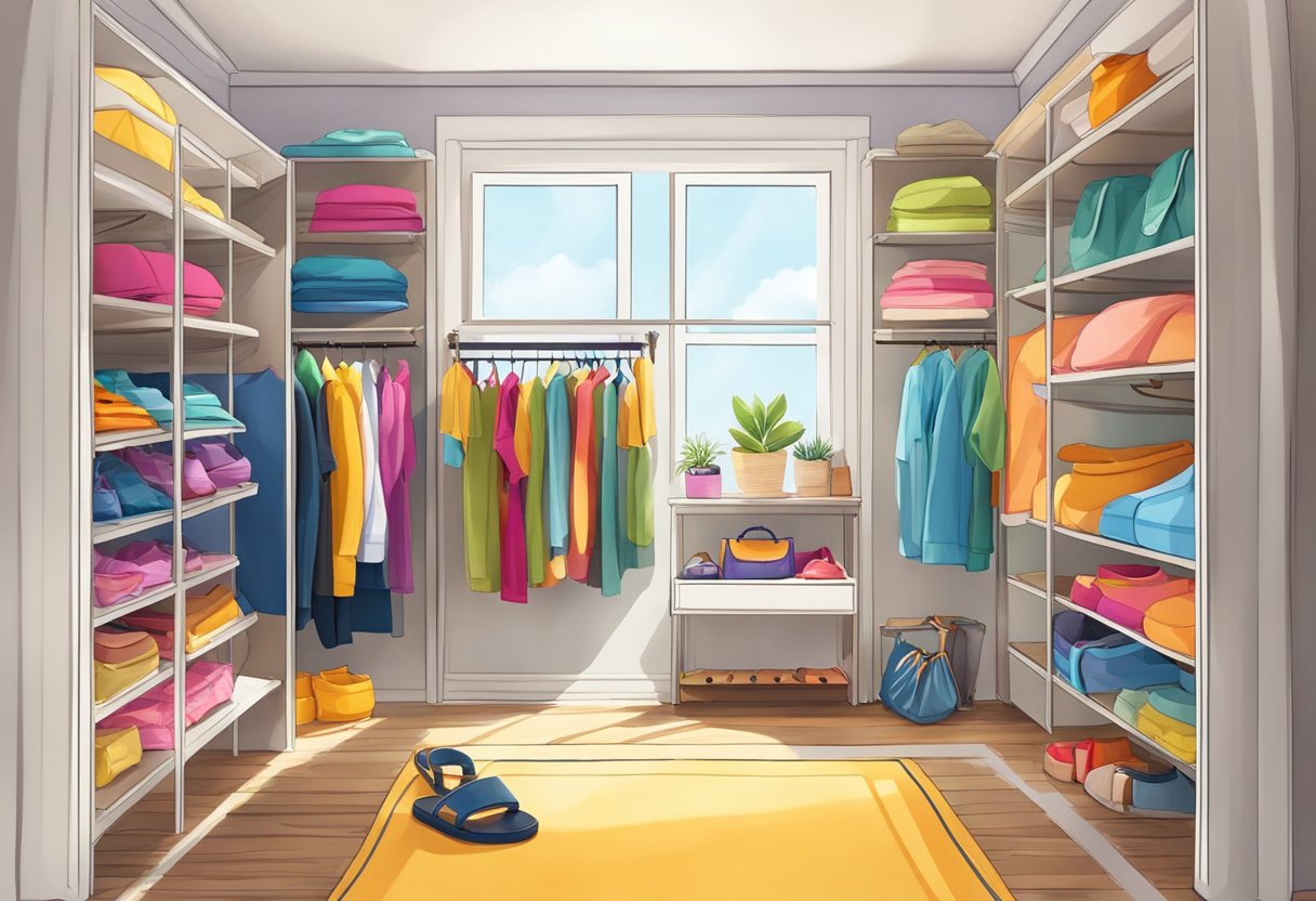A closet with shelves of colorful shorts, sandals, and accessories. A window lets in warm sunlight, indicating summer