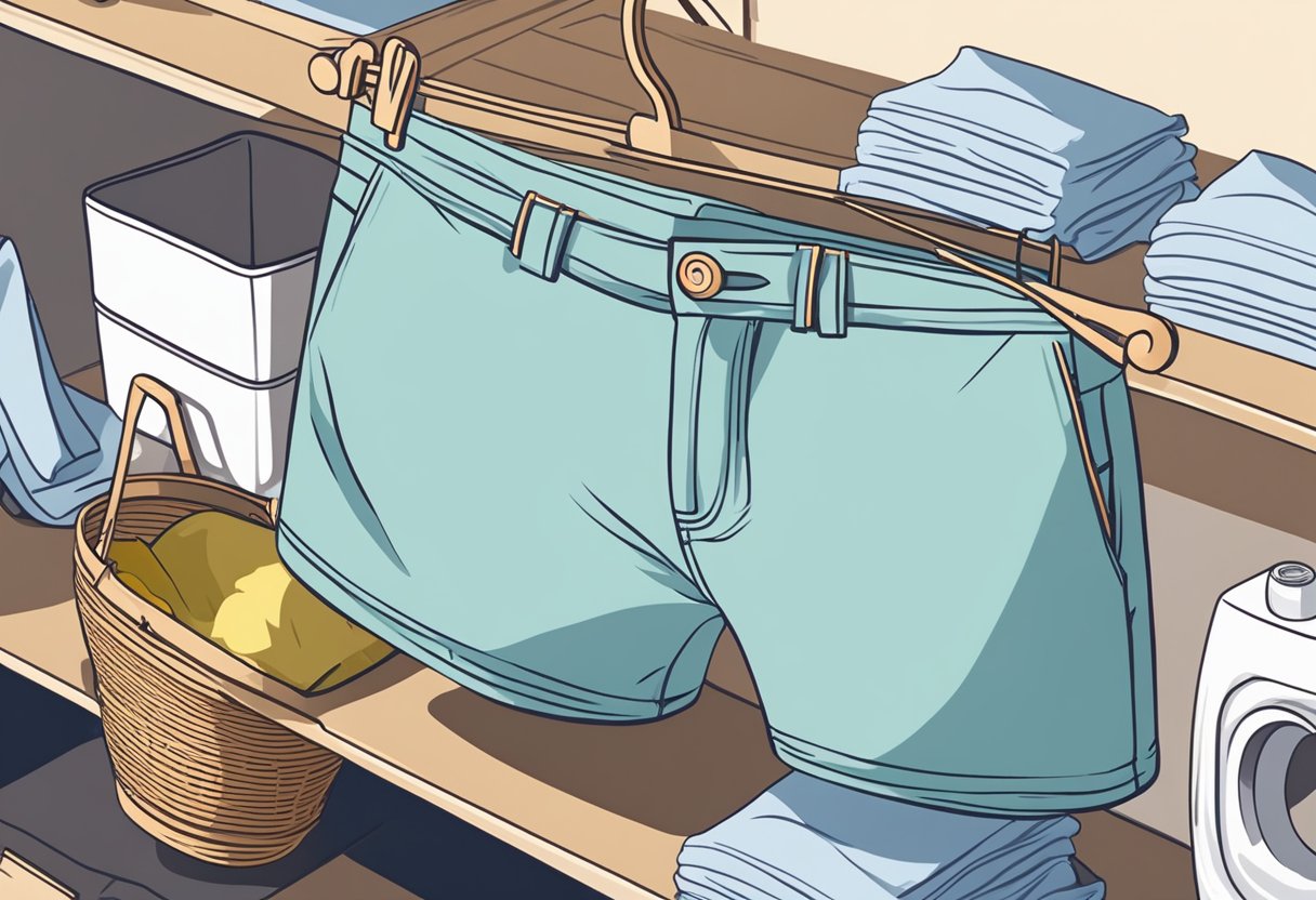 A neatly folded pair of women's shorts on a shelf, surrounded by neatly arranged clothing and a small basket of fabric softener sheets