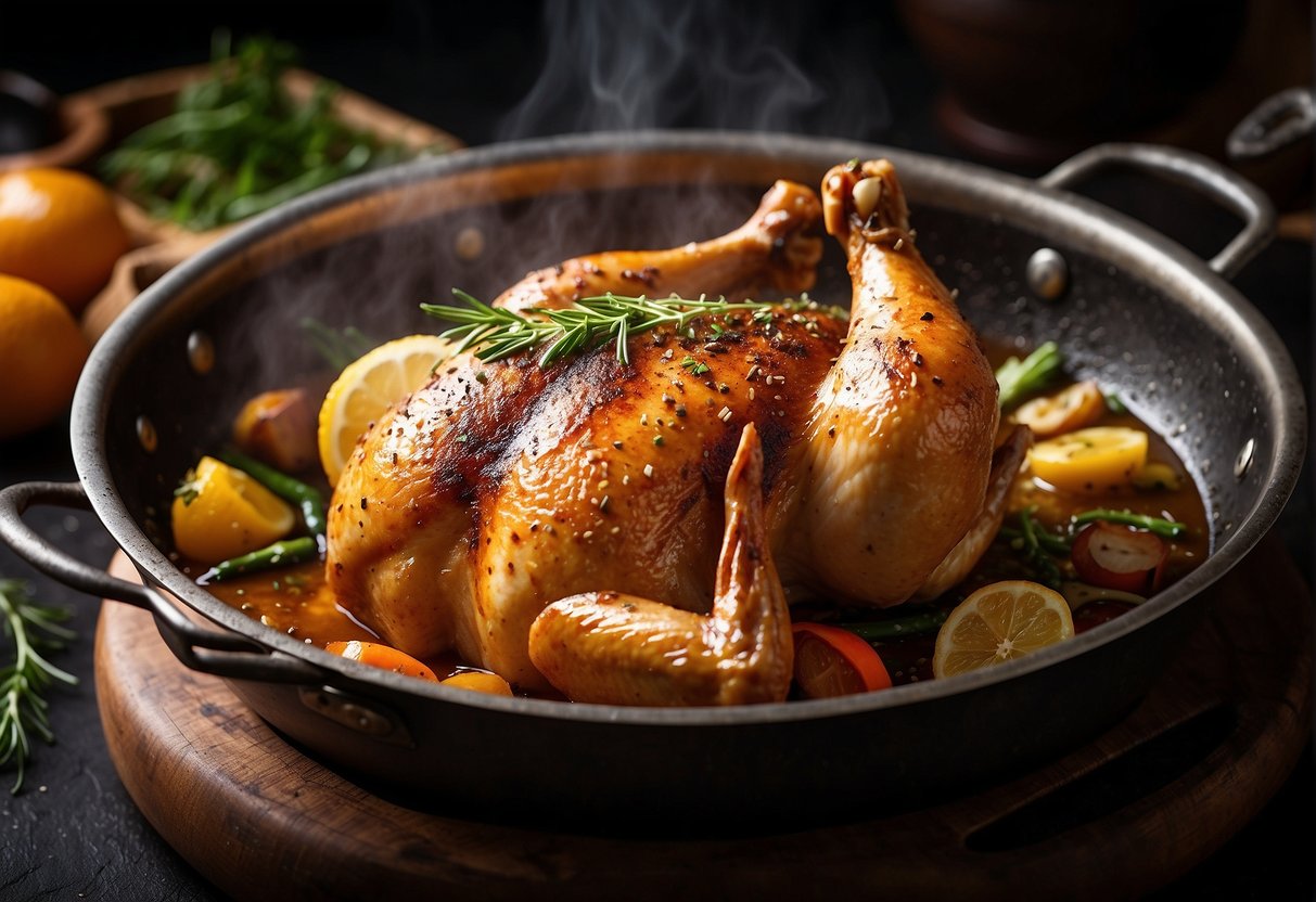A whole chicken sizzling in a hot wok with bubbling oil, surrounded by aromatic spices and herbs, creating a crispy and golden brown exterior