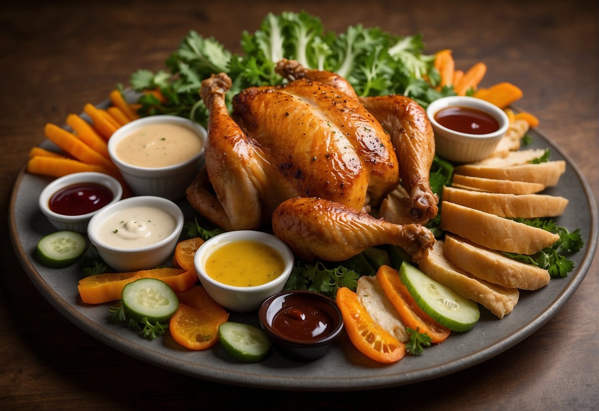 A platter of crispy whole chicken surrounded by garnishes and paired with dipping sauces