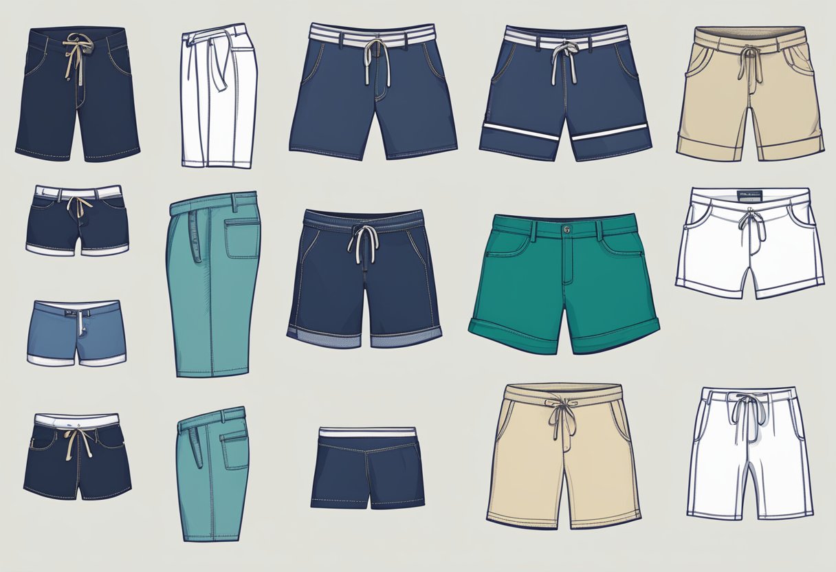 A variety of shorts displayed for different occasions: casual, athletic, formal, and beachwear. Different lengths, fabrics, and styles