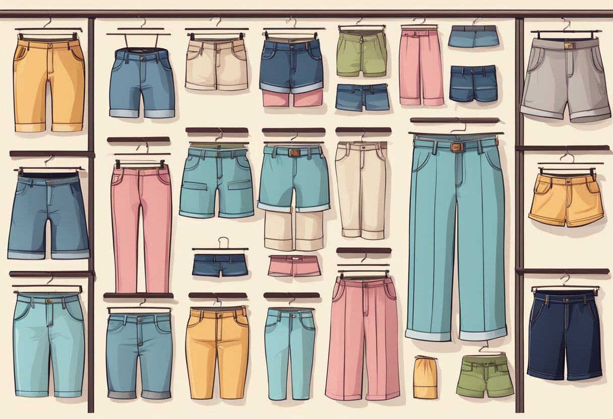 A display of various women's shorts in different styles and lengths, suitable for different occasions, arranged neatly on shelves or hangers