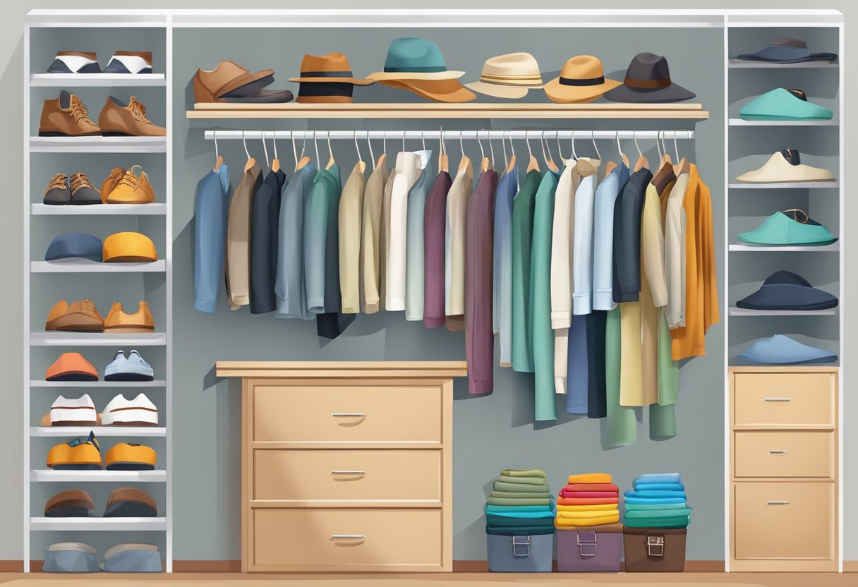 A closet with shelves of neatly folded shorts in various styles and colors, surrounded by shoes, hats, and accessories for different occasions
