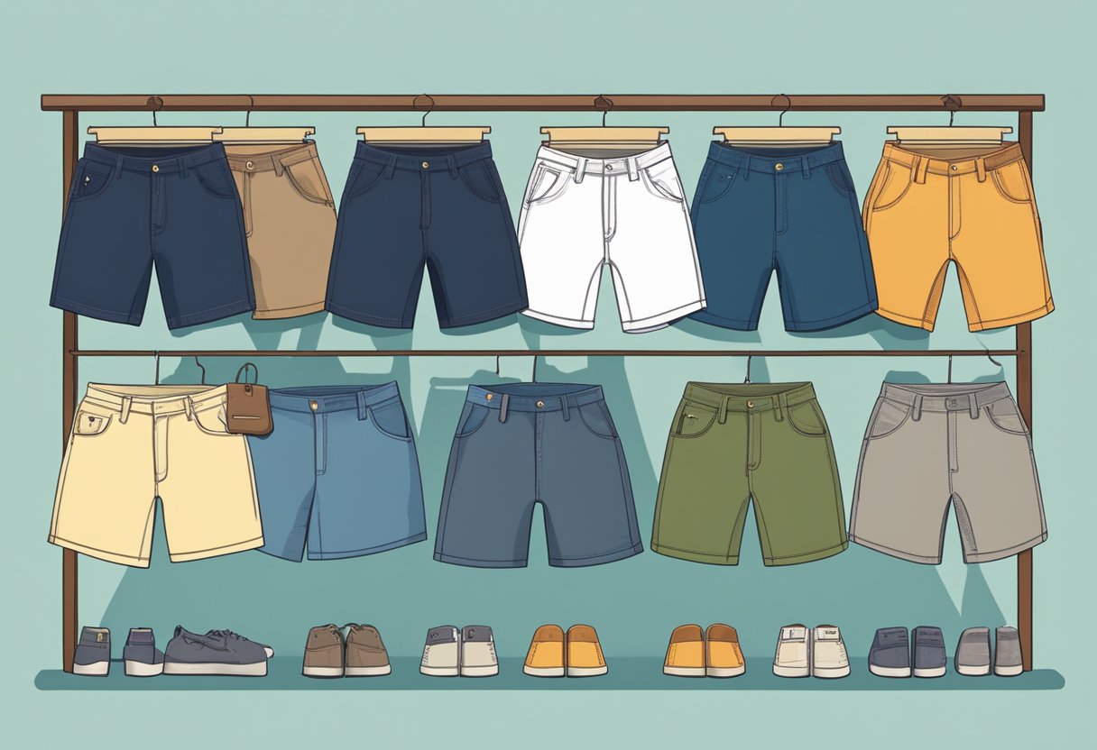 A row of men's shorts in various styles and colors arranged neatly on a display rack, with labels indicating different personalities and fashion preferences