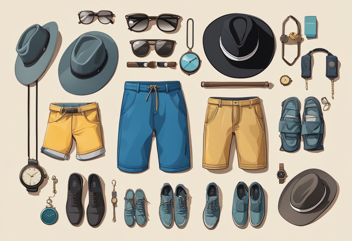 A pair of men's shorts hanging on a hook, surrounded by various accessories like sunglasses, a watch, and a hat, suggesting different style personalities