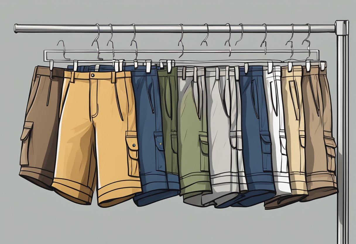 A row of men's shorts on a clothing rack, ranging from tailored chino shorts to relaxed cargo shorts, each with its own distinct style and connotations