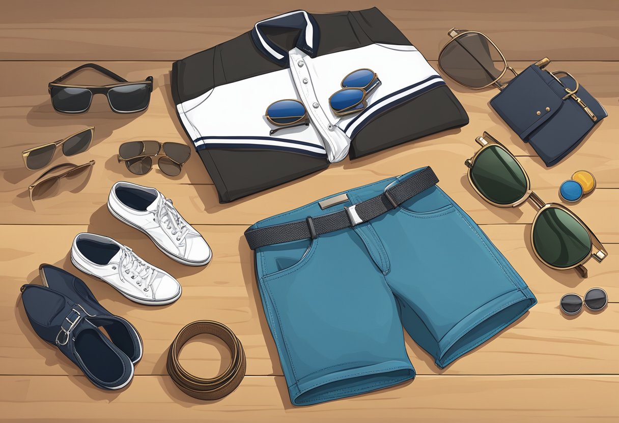 A neatly folded pair of men's shorts sits atop a polished wooden dresser, surrounded by carefully selected accessories like a belt, watch, and sunglasses