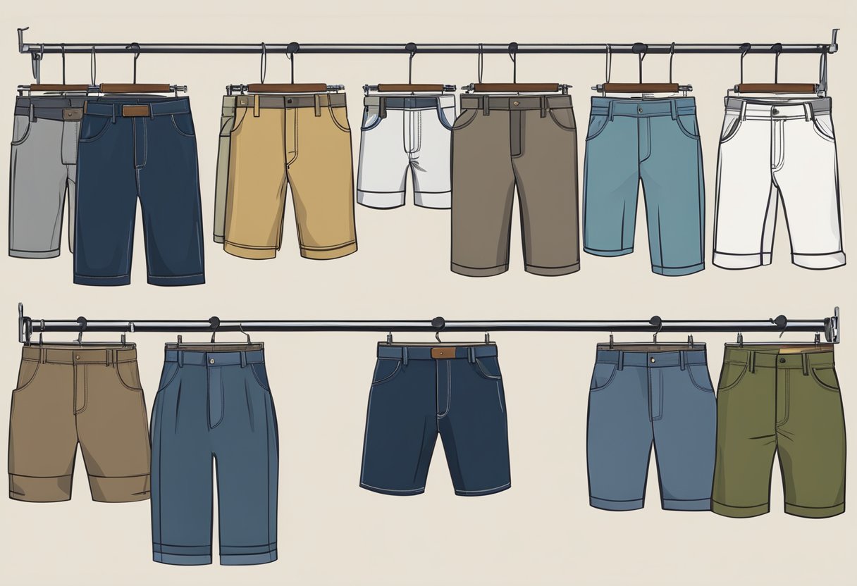 A variety of men's shorts displayed on a clothing rack, each representing a different style and personality. From casual to sophisticated, the selection offers insight into the wearer's fashion preferences