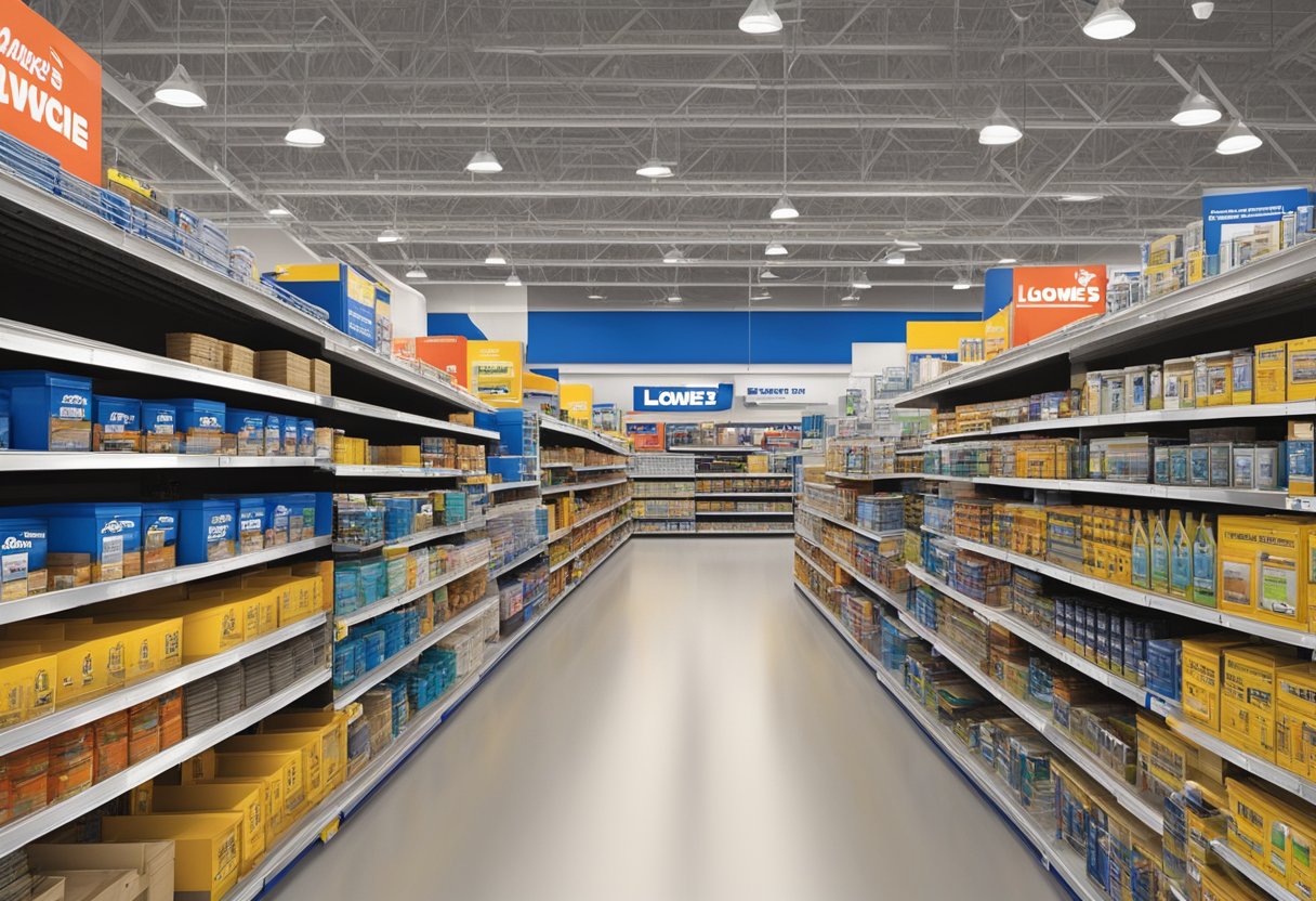 Lowe's Home Improvement operates with diverse products, customers, and employees. The store layout includes aisles, shelves, and signage for easy navigation