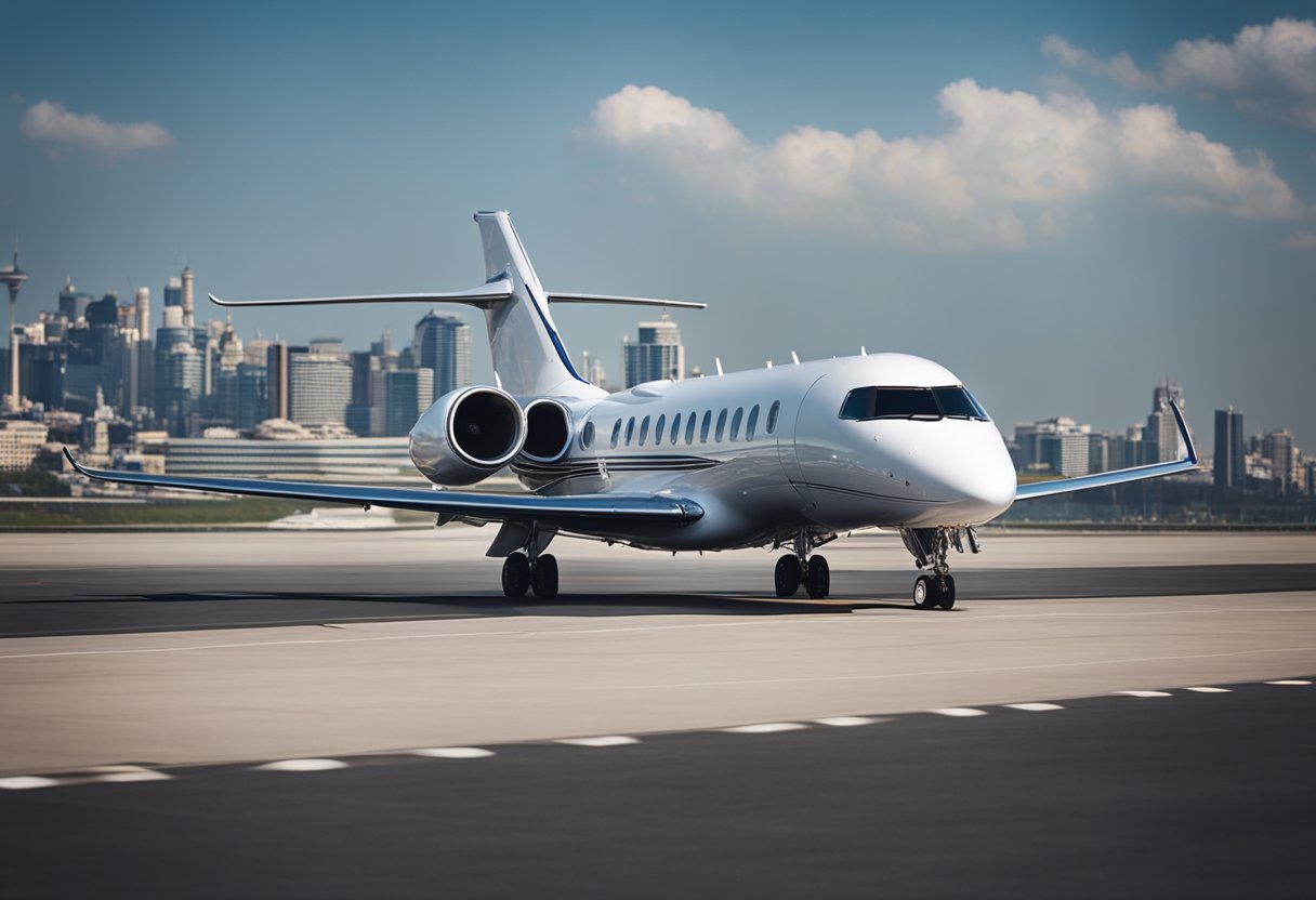 A private jet lands at Istanbul airport, with the city's iconic skyline in the background. A chauffeured car awaits to transport passengers through the bustling streets