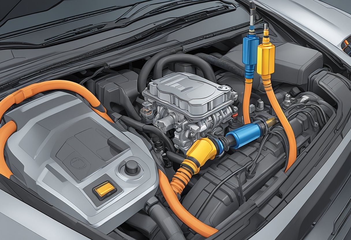 A fuel rail pressure sensor is shown on a car's engine with diagnostic code P0191 displayed on a scanner.

The sensor is connected to the fuel rail with wires and hoses