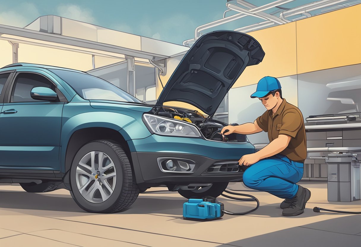 A mechanic examines a fuel rail pressure sensor with a diagnostic tool.

Wires connect to the sensor, and a vehicle is parked in the background
