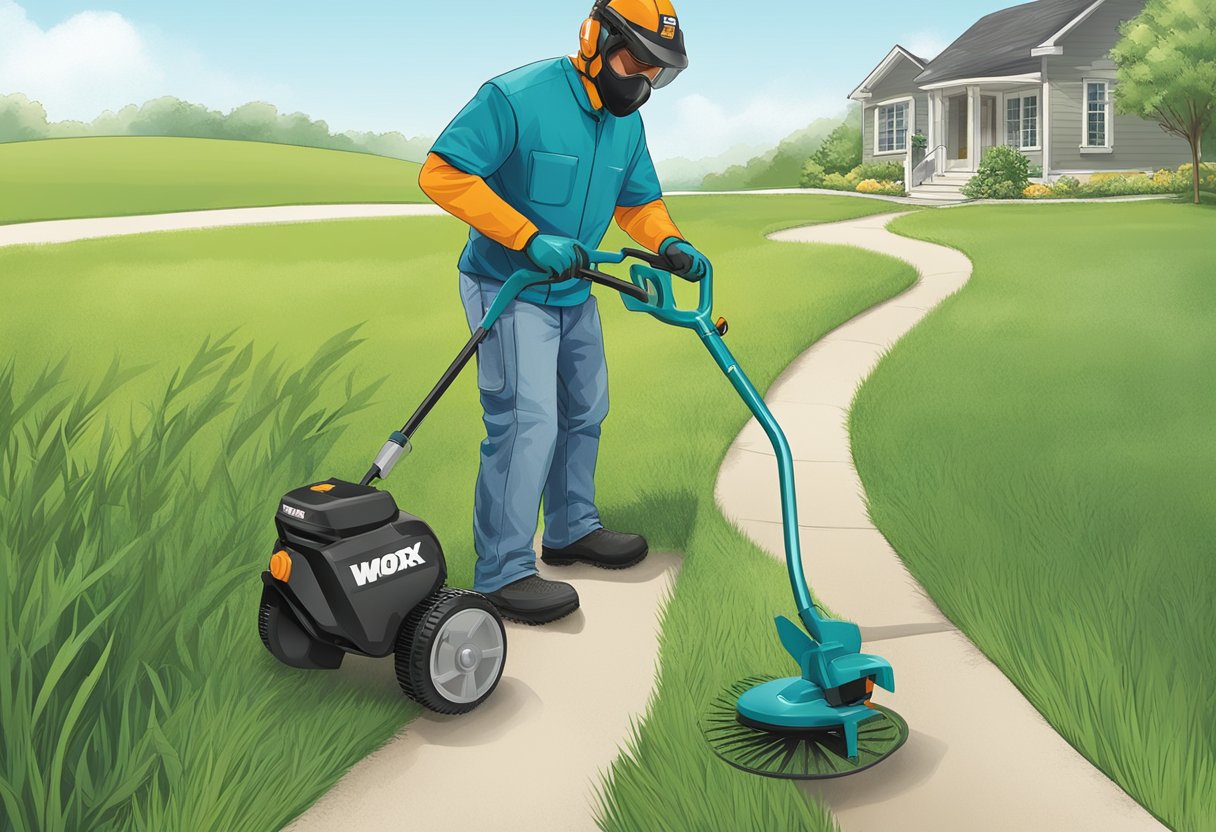 The Worx weed eater is being used to trim grass, with the user wearing protective gear and following safety guidelines