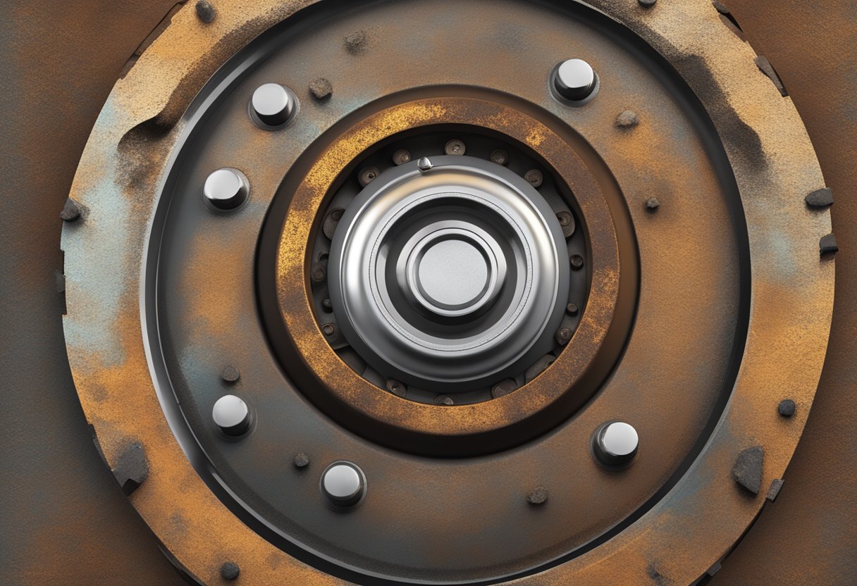 A close-up of a rusty brake disc on a car, showing visible corrosion and rust spots. The disc should appear worn and weathered, with a sense of diminished performance