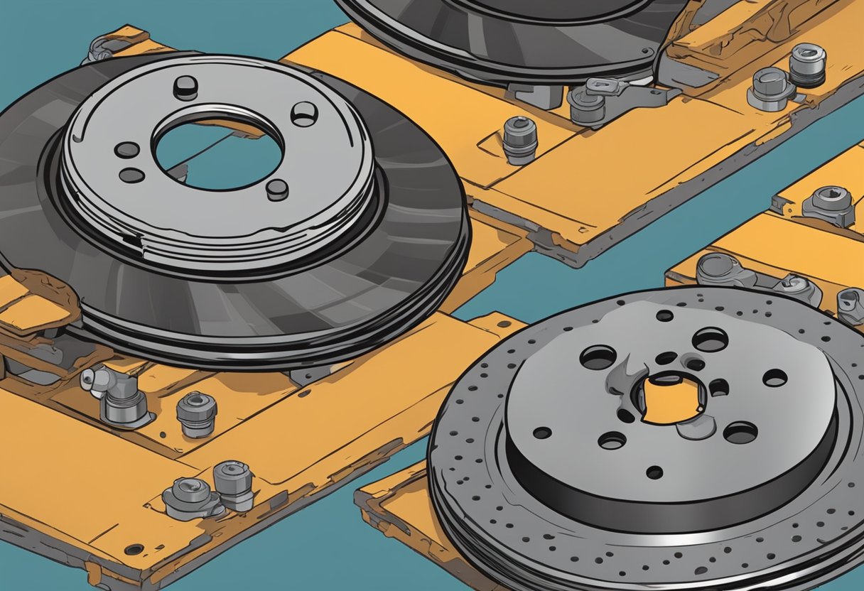 Rusty brake discs on a car, showing signs of corrosion and wear. Surrounding area is clean and well-maintained