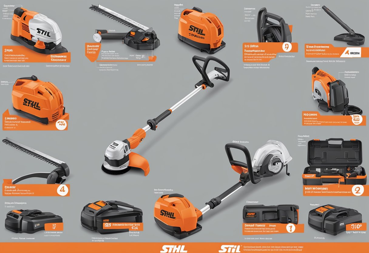 A hand-held string trimmer, Stihl FS 56 RC, with attachments, manual, and a string replacement guide, displayed in an Ace Hardware store