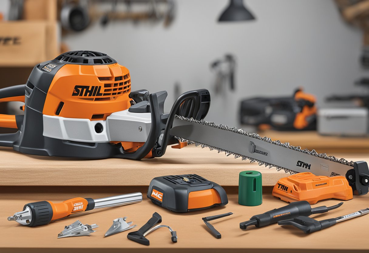 A Stihl FS 56 RC string trimmer sits on a workbench next to its attachments and manual. A spool of replacement string and tools are scattered nearby. The Ace Hardware logo is visible in the background