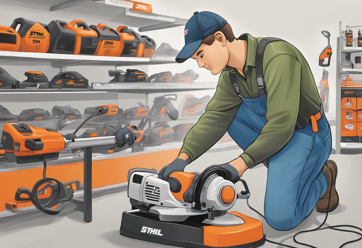 A technician replaces the string on a Stihl FS 56 RC trimmer at an Ace Hardware store. The manual and attachments are displayed nearby