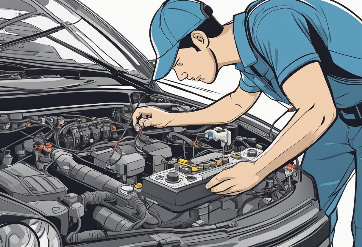 A mechanic using a multimeter to test the neutral safety switch on a car's transmission.

The mechanic is checking for continuity and proper functionality