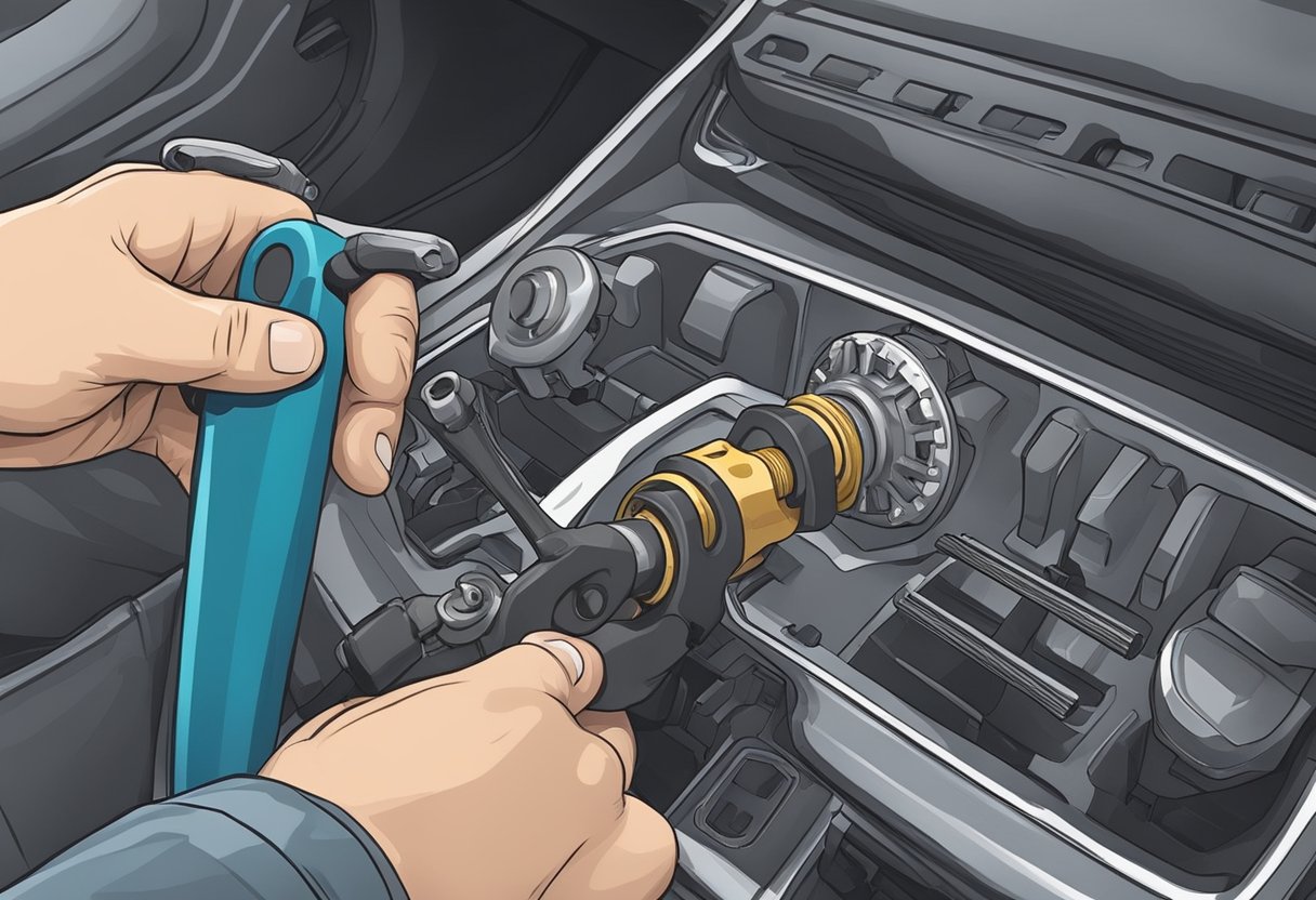 A hand holding a wrench, removing a neutral safety switch from a car's transmission.

The switch is located near the gear shift linkage