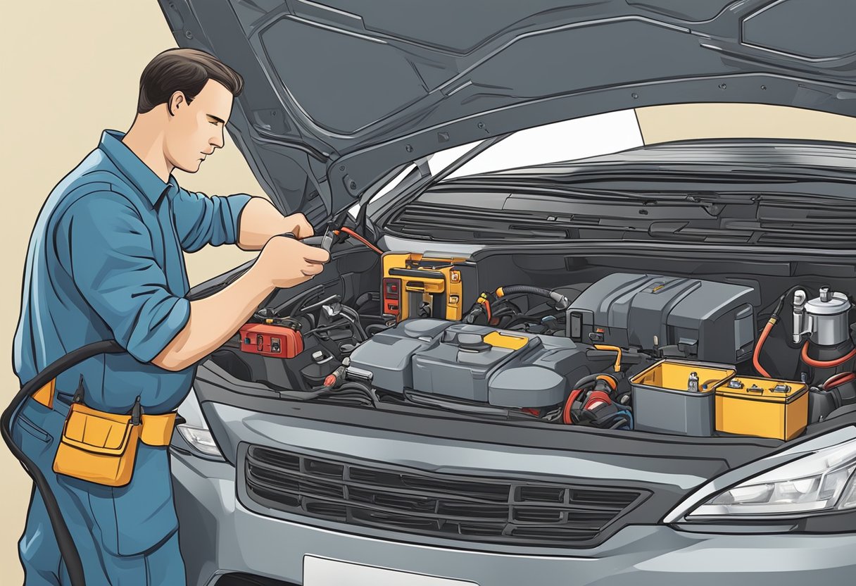 A mechanic is inspecting a car's neutral safety switch under the hood, with a toolbox and manual nearby.

The switch is connected to the transmission, and the mechanic is using a multimeter to test its functionality