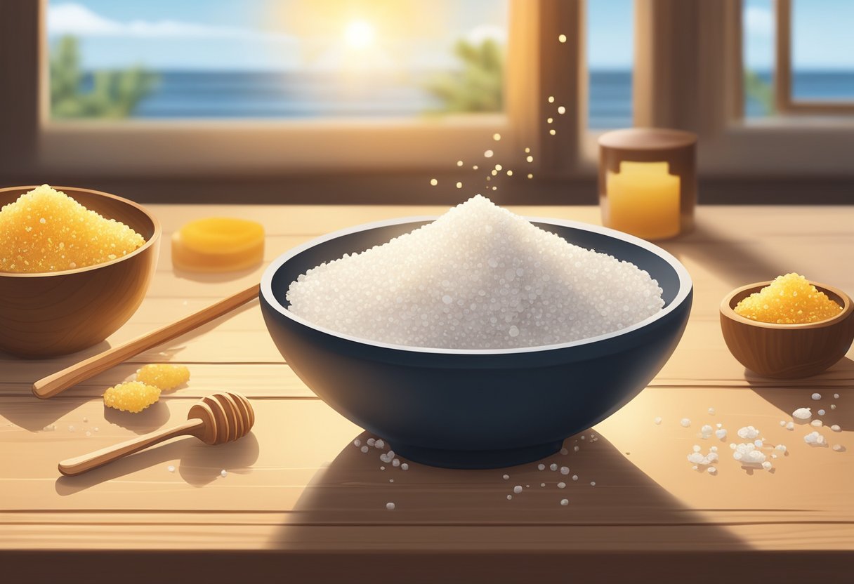A small bowl of sea salt and honey scrub sits on a wooden table, surrounded by scattered blackheads. The sunlight filters through a nearby window, casting a warm glow on the ingredients