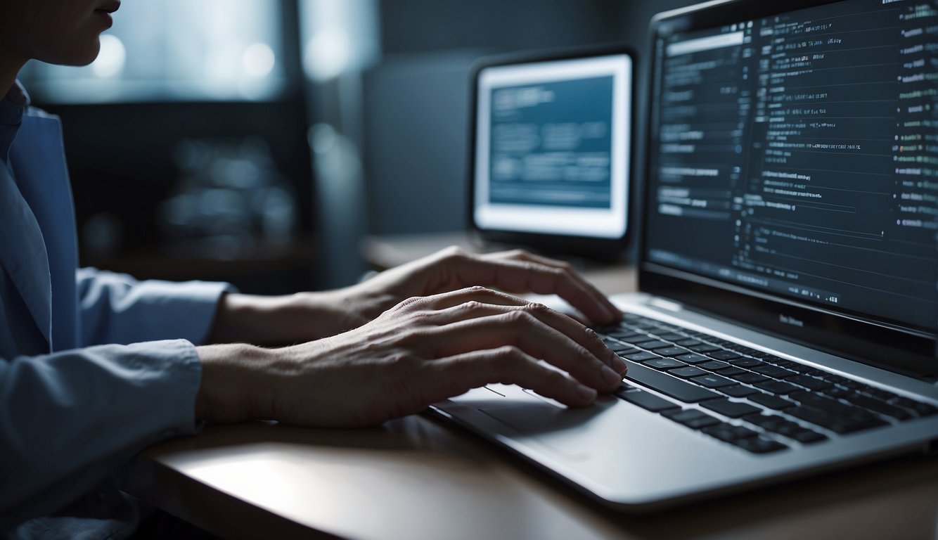 A person typing on a computer, with a healthcare blog open on the screen. The person is researching and brainstorming keywords for the blog