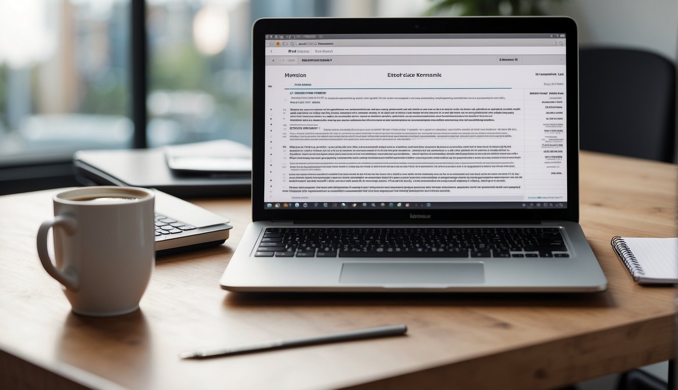 A laptop on a desk with a healthcare blog open, showing keyword research tools and a list of potential keywords. A notepad with handwritten notes sits next to the laptop