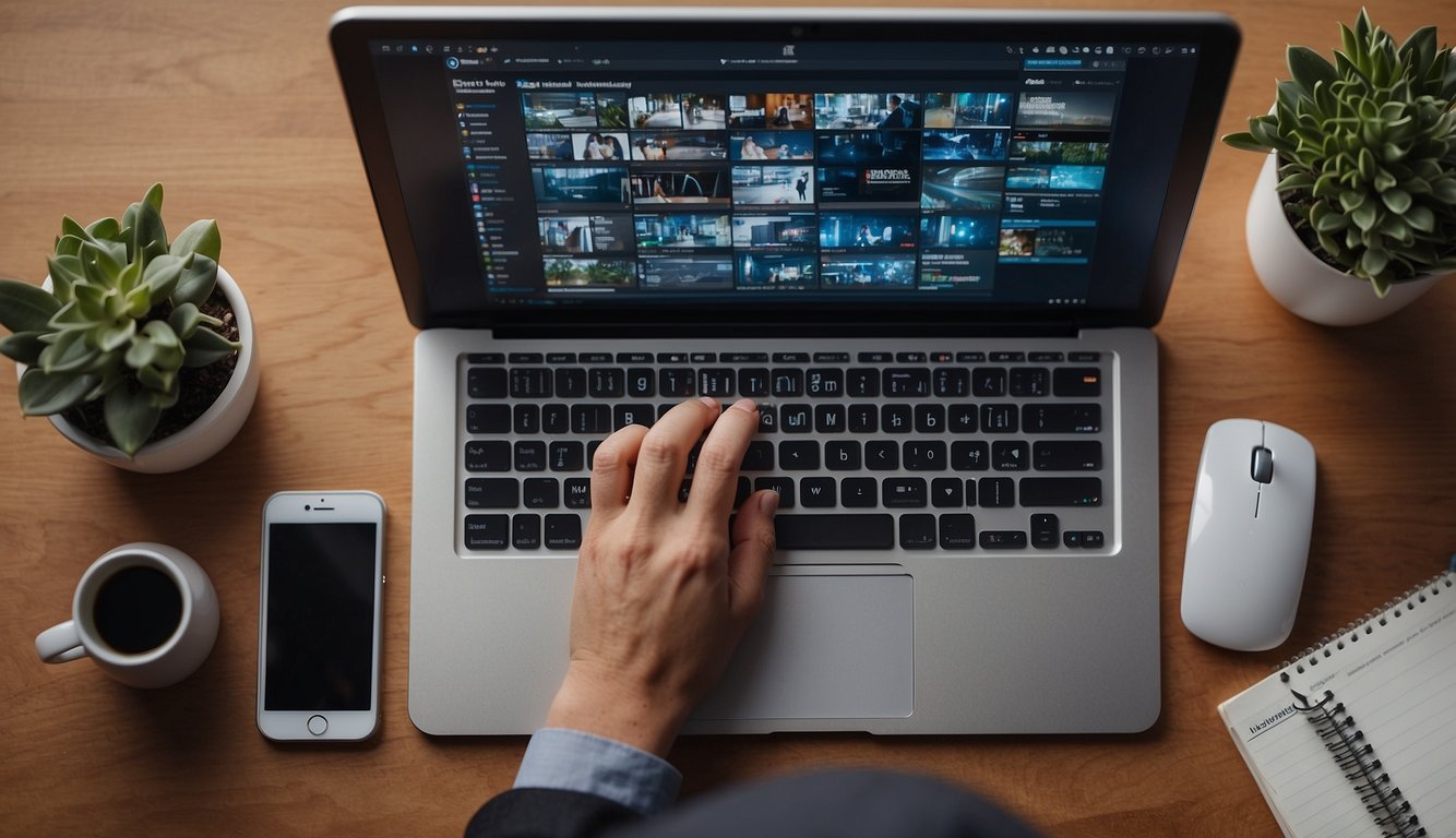 A person typing on a keyboard, surrounded by screens showing social media platforms and video content. A notepad with healthcare-related keywords is open next to them
