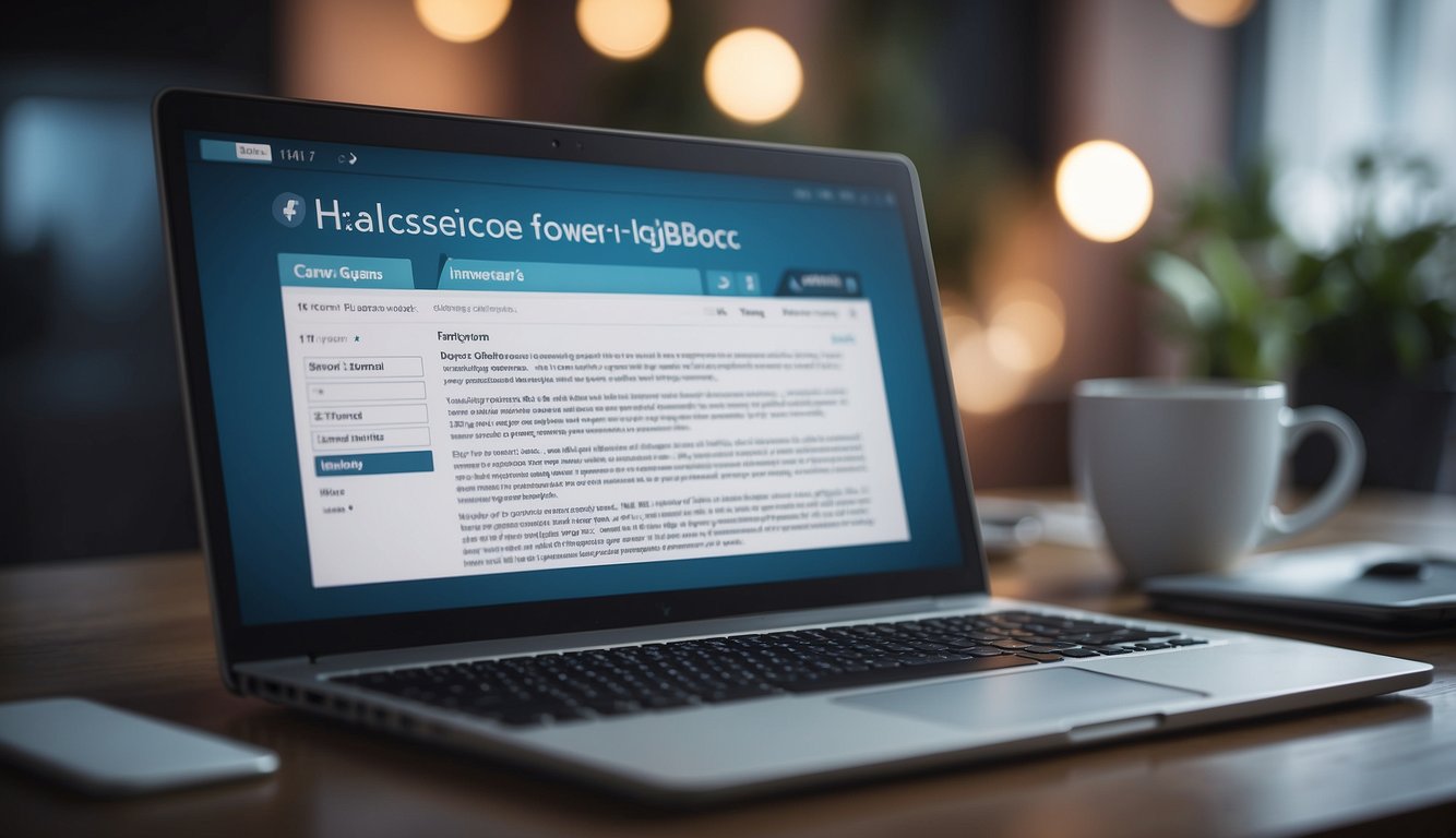 A computer screen displaying a healthcare blog with a search bar for keywords. A person's hand hovers over the keyboard, ready to type