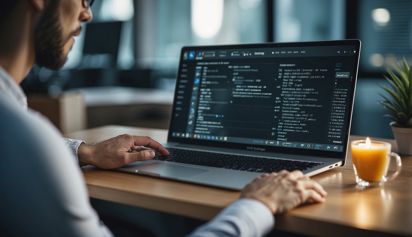 A person typing on a computer, with a healthcare blog open, searching for keywords