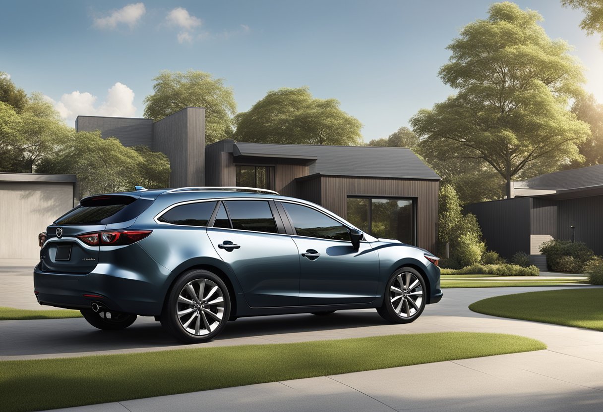 The Mazda 6 parked in a suburban driveway, surrounded by trees and a neatly manicured lawn.

The car's sleek design and clean lines suggest reliability and modernity