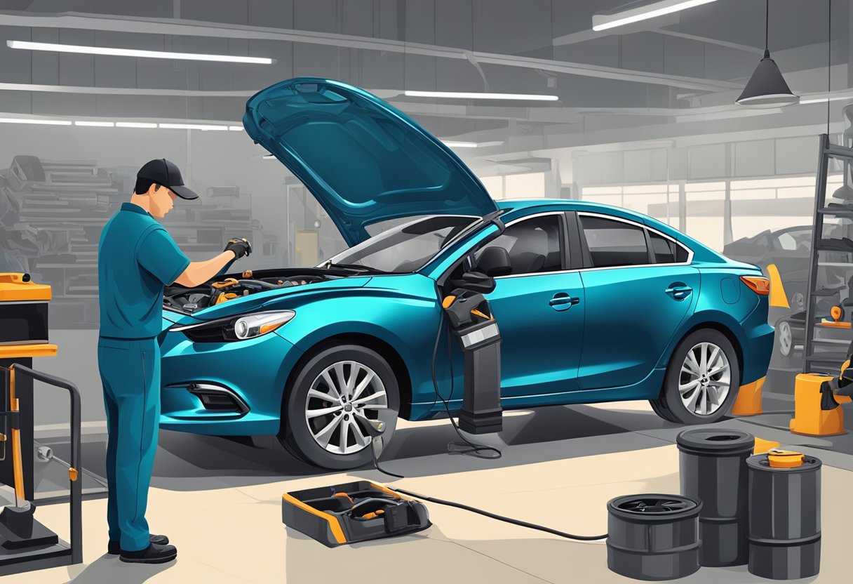A mechanic performing routine maintenance on a Mazda 6, checking for common concerns like engine issues and wear on the brakes and tires