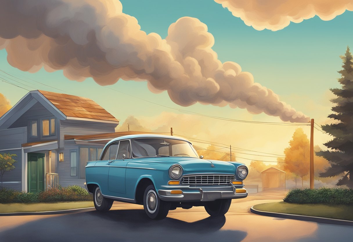A car sits in a driveway, emitting exhaust fumes.

A cloud of pollution hangs over the vehicle, illustrating the impact of idling on the environment