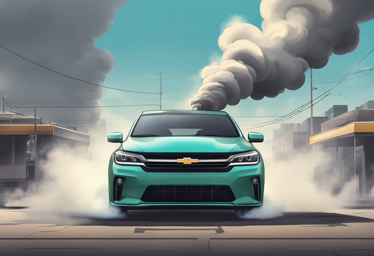 A car sits parked with the engine running, emitting exhaust.

Smoke surrounds the vehicle, with a cloud of pollution spreading into the air