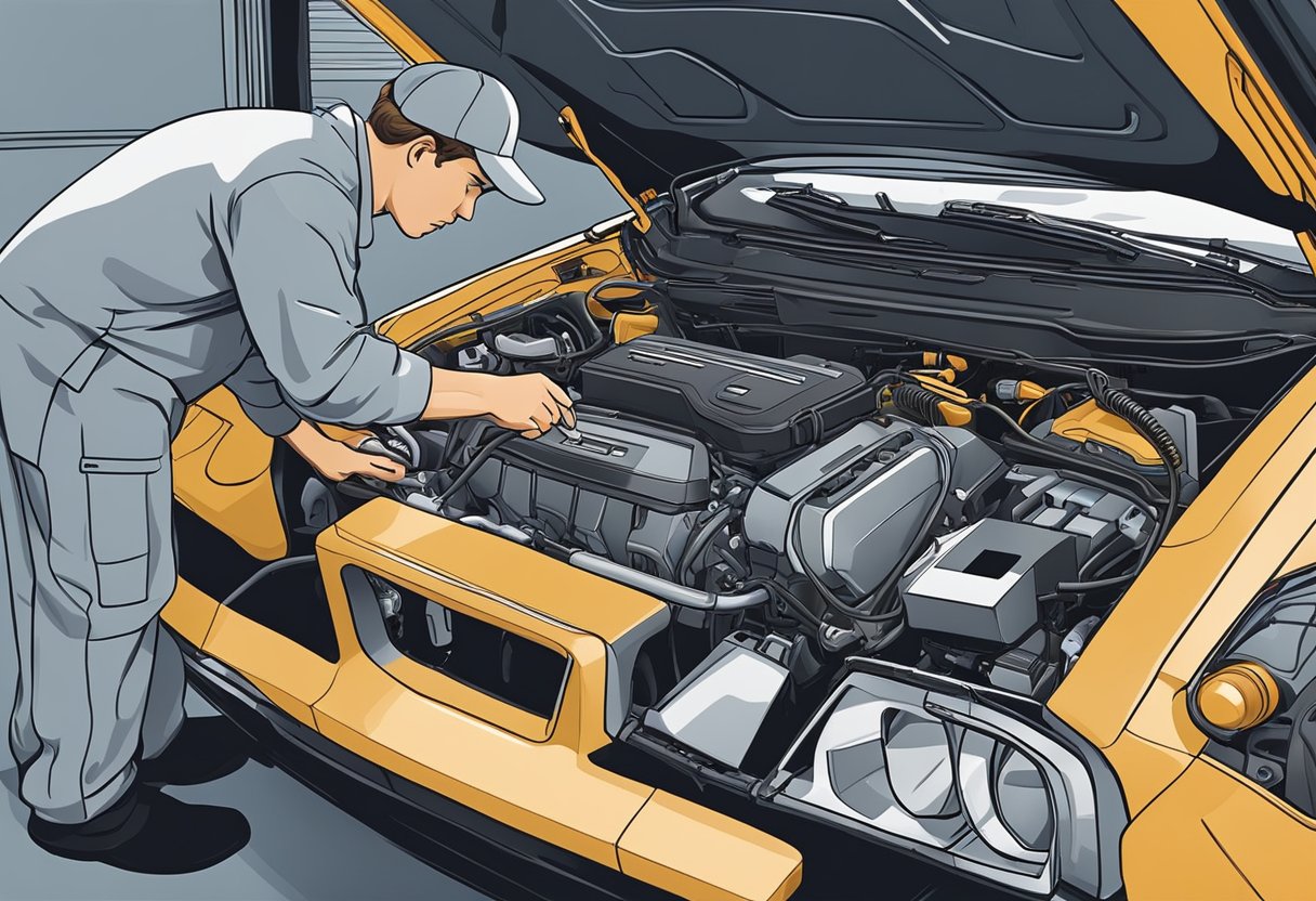 A mechanic examines a car's engine with a diagnostic tool, focusing on the MAF sensor.

Wires and connectors are visible as the mechanic troubleshoots the high input issue