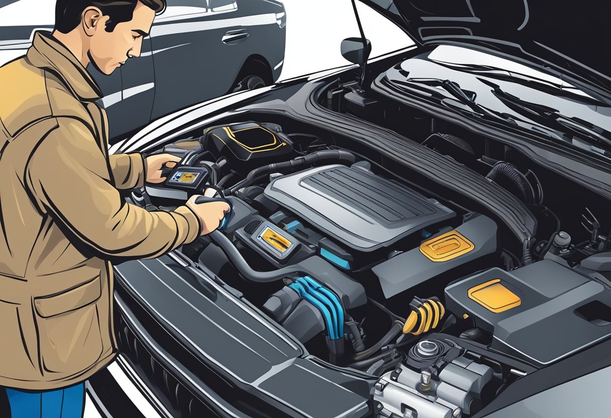 A mechanic using a diagnostic tool to check the MAF sensor for a high input issue in a car engine