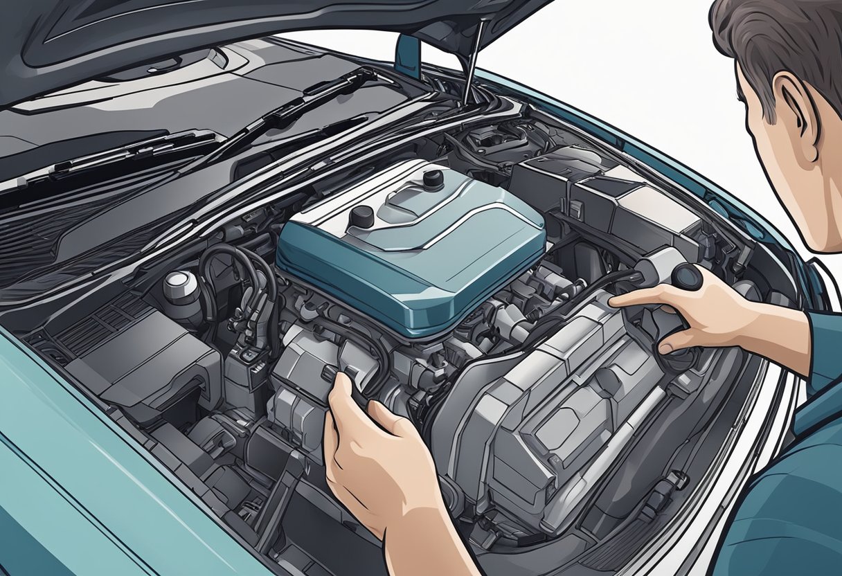 A mechanic examines a car engine, holding a diagnostic tool. The MAF sensor is highlighted as the focus of the inspection